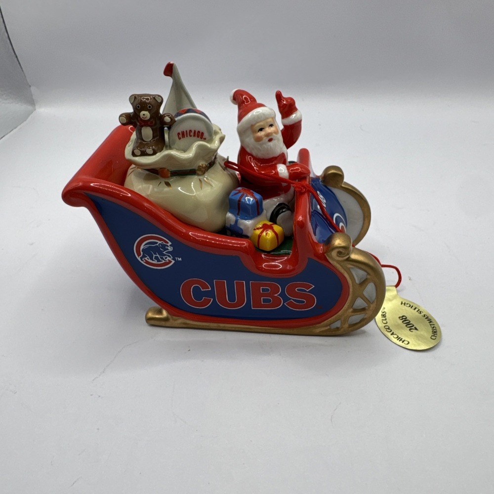 2008 Danbury Mint Chicago Cubs Christmas Ornament w/Tag, Santa & Sleigh